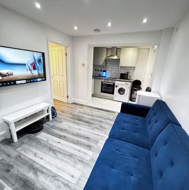 Private kitchen and living room in a Whitehall Lane apartment